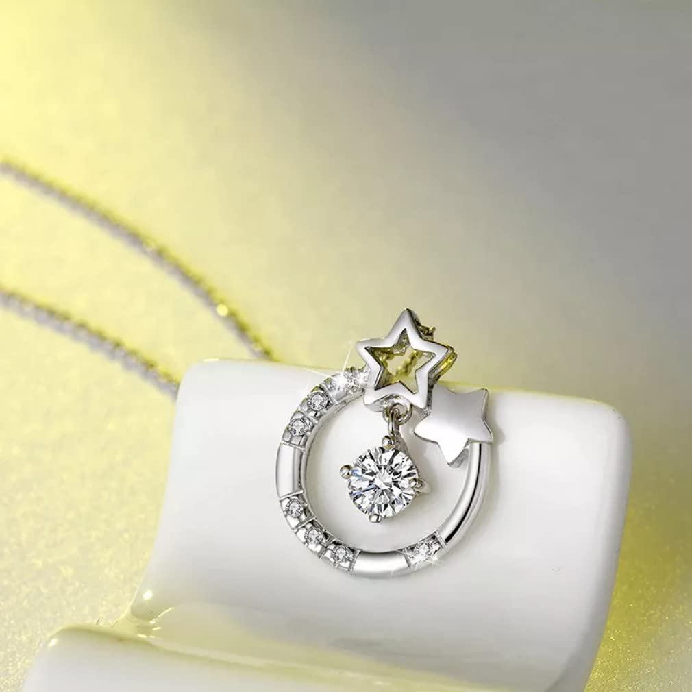 Collares con Colgante de Diamantes de imitación, Collar de circón de Estrella Redonda de Plata de Ley 925, Gargantilla, Regalo de joyería para Mujer