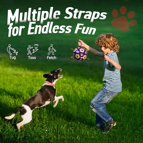 Image of QDAN Dog Ropes Toys, Soccer Ball with Straps, Interactive Dog Toys for Tug of War, Dog Water Toy, Durable Balls for Medium Large Dogs(8 Inch) | 8 Inch Soccer Toy with Straps, Dog Tug Toy for Tug of War, Puppy Birthday Gifts, Training Herding Balls for Outdoor