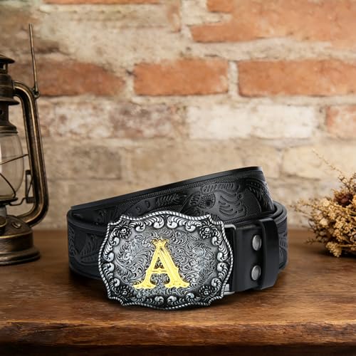 Image of Mens Western Cowboy Cowgirl Faux Leather Belt Longhorn Bull Pattern Letter Big Buckle Embossed Floral Belts