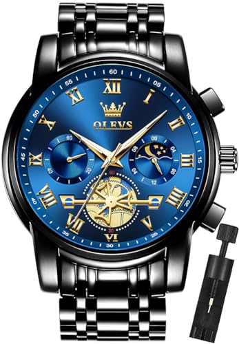 OLEVS Mens Watches Chronograph Business Casual Quartz Stainless Steel Waterproof Luminous Date Big Face Wrist Watch Blue Watch for Men