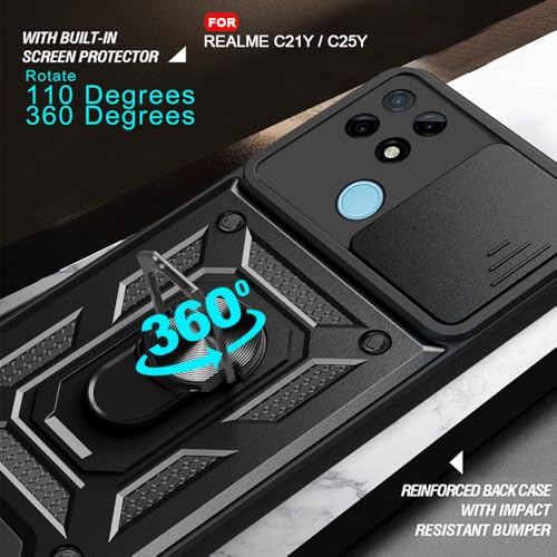 Image of AESTMO Tough Armor Realme C21Y / C25Y Bumper Back Case Cover | Ring Holder & Sliding Camera Shield Cover | 360 Degree Protection Back Case Cover for Realme C21Y / C25Y (Black)