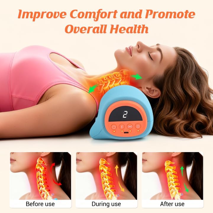 Miniatura 2 de Masajeador de cuello mejorado 2025, masajeador de cuello y hombros con calor, estirador, vibración, dispositivo portátil de tracción cervical,