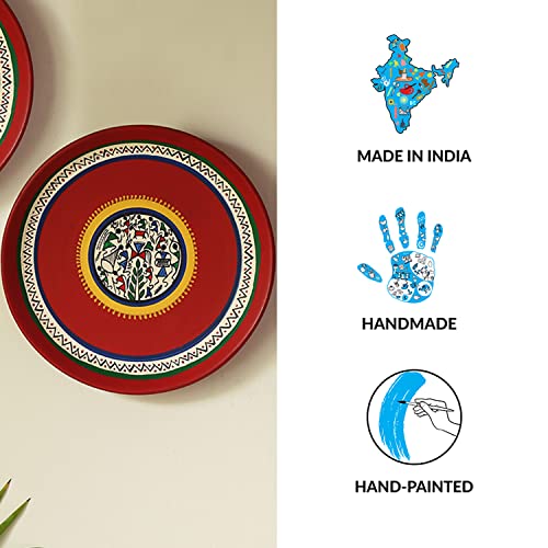 Image of ExclusiveLane 'The Warli Tales' Terracotta Wall Plates for Home Decoration (8 inch, Set of 2, Red) | Terracotta Plates for Wall Decor Plates Sets Decorative Wall Hanging Plates for Living Room