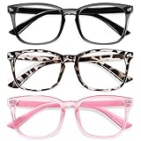 Okany Blue Light Glasses for Kids 3 Pack Blue Light Blocking Glasses for Girls Boys Computer Gaming Screen Glasses, Anti Glare Eyestrain Teen Fashion Glasses Age 3-10 (Grey Black+Leopard+Pink)