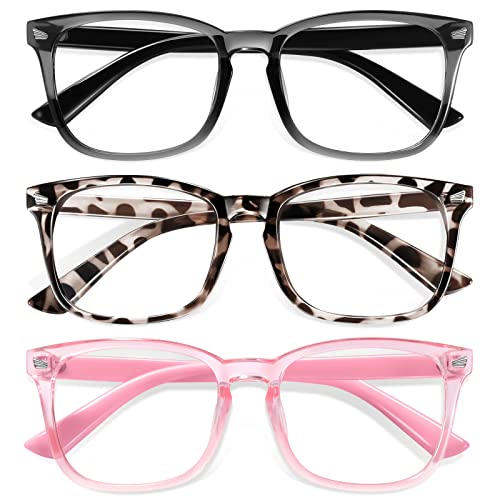 Okany Blue Light Glasses for Kids 3 Pack Blue Light Blocking Glasses for Girls Boys Computer Gaming Screen Glasses, Anti Glare Eyestrain Teen Fashion Glasses Age 3-10 (Grey Black+Leopard+Pink)