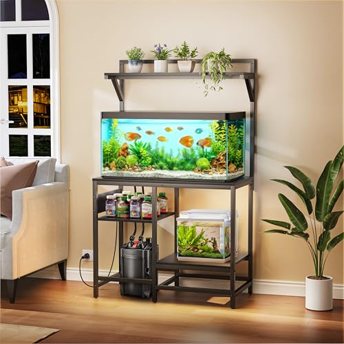Image of 40 Gallon Fish Tank Stand, Aquarium Stand with Power Outlet, Heavy-Duty Reptile Terrarium Stand Table with Top Shelf for 40 Gal Standard /Long /High, 37.4 inch L x 19.7 inch W x 30 inch H(Black)