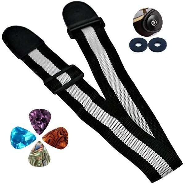 Black Gray Nylon Guitar Strap + Guitar Picks & Strap Locks.