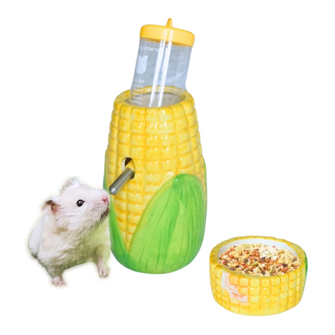 Botella de agua de cerámica de maíz a prueba de fugas con cuenco de comida, hámster, jerbo, ratones, botellas de agua con soporte, comedero de agua para animales pequeños