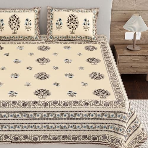 Image of Living Roots Ethnic Jaipur Block Print Double Cotton Bedsheet & 2 Pillow Covers, for Mattress Upto 6 inches Thick, No Colour Bleeding, Blue Colour, King Size 90 * 108 inches, 120TC (614-B)