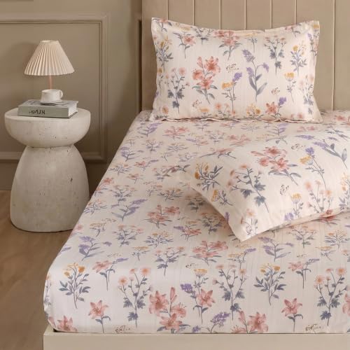 Image of Home Elegance from House of Mytrident | Linen Feel Bed Sheet for Double Bed King Size with Two Pillow Covers | Ultrasoft | Floral 274cm x 250cm | myTrident - Inlet Yellow