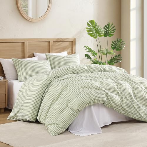 Image of Andency Gingham Duvet Cover Queen Size, Sage Green Checkered Plaid Bedding Set, 3 Pieces Soft Prewashed Polyester Comforter Cover with Zipper Closure & Corner Ties