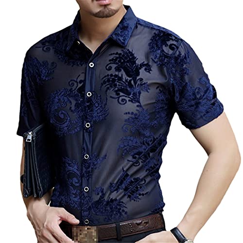 Chemise d'été transparente homme à motif cachemire bleu XXL parfaite pour un look de beach club
