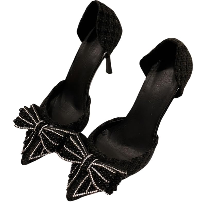 large size Ladies' summer rhinestone bow high heels, thin heels and pointed toe wedding shoes dance party