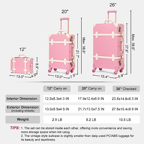 Image of UNIWALKER Vintage Pink Suitcase Set, 3 Piece Retro Trunk Luggage with Spinner Wheels TSA Lock and Cosmetic Train Case for Women, 26 inch+20 inch+12 inch