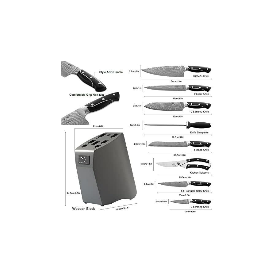Damascus Kitchen Knife Sets, 9 Pieces Kitchen Knives Set with Block, ABS Ergonomic Handle for Chef Knife Set, Knife Sharpener and Kitchen Shears, Knife Block Set