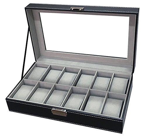 12 Mens Large Watch Box Black Pu Leather Display Glass Top Jewelry Case Organizer Box