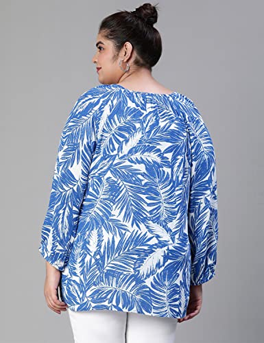 Image of oxolloxo Women Plus Size Tropical Print V-Neck Button Tab Sleeve Blue Top
