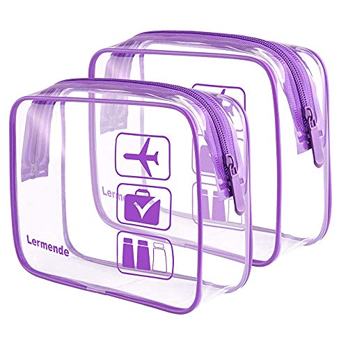Image of 2pcs /pack Lermende Clear Toiletry Bag TSA Approved Travel Carry On Airport Airline Compliant Bag Quart Sized 3-1-1 Kit Luggage Pouch (Purple)