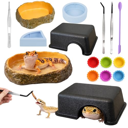 14Pcs Leopard Gecko Tank Accessories Set Reptile Care Kit with Feeding Tweezers Silicone Spoon Hideout Water Dish & Food Bowls for Leopard Gecko Terrarium