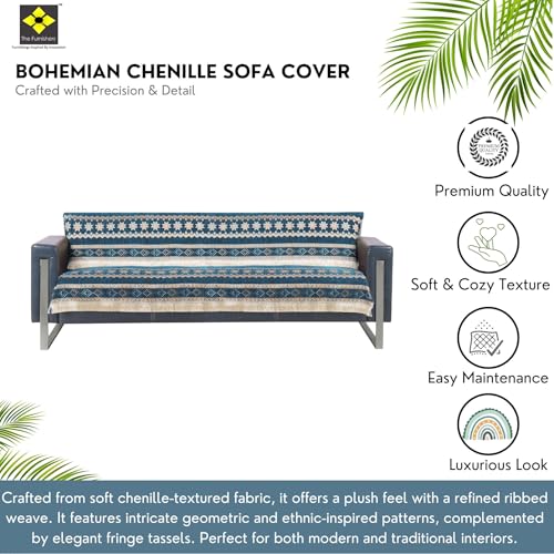 Image of Elegant Woven Turquoise Sofa Cover - Soft Chenille Traditional Pattern with Lace Style | L-Shape Sectional Seat Protector for Living Room | Durable & Stylish Slipcover 3 Seater Sofa