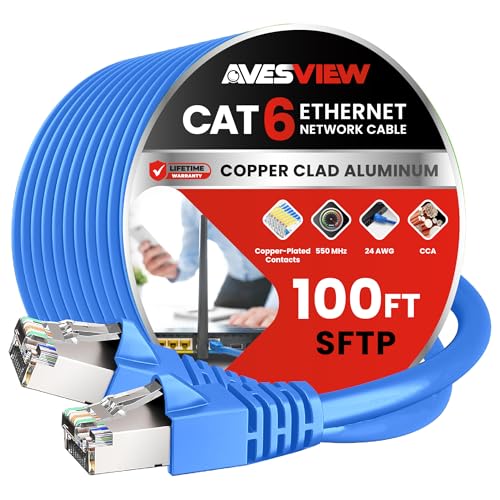 Image of AvesView CAT 6 Shielded Ethernet Cable 100 FT, Indoor High-Speed (SFTP) 10Gbps Snagless Shielded 100FT Ethernet Cable for Internet, Router, Computer, PlayStation, Xbox, POE Camera, Printer - Blue