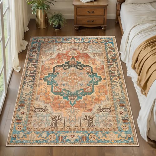 Image of Tangsoo Oriental 3x5 Rug, Washable Non Slip Accent Rugs for Entryway Orange