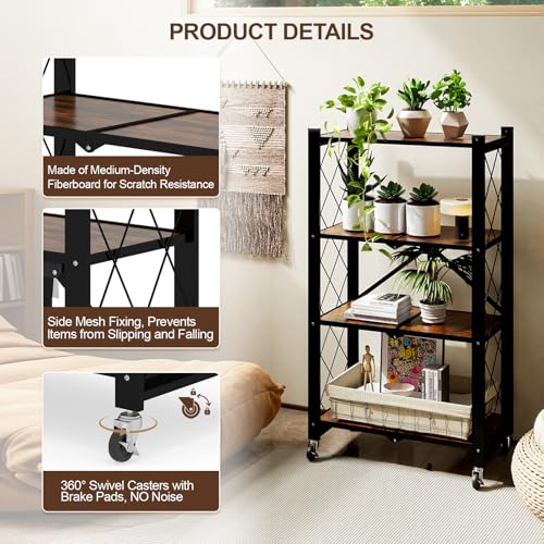 Image of 4 Tier Folding Shelf with Wheels, Wood and Metal Bookshelf