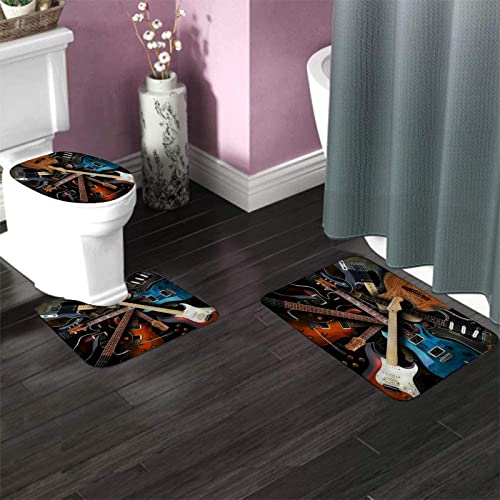 3-teiliges Badezimmerteppich-Set, Musikinstrument, Gitarre, Cooler Rock-Stil, waschbarer Badvorleger, rutschfest, mit Rückenpolster, Konturteppich und Toilettendeckelbezug – Bild 4