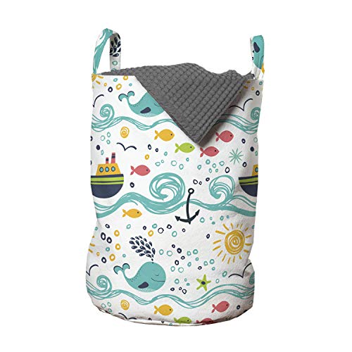 Image of Ambesonne Sailboat Laundry Bag, Scribbled Hand Drawn Ocean Habitants Fishes Water Spraying Whale and Rising Sun, Hamper Basket with Handles Drawstring Closure for Laundromats, 13" x 19", Teal Yellow