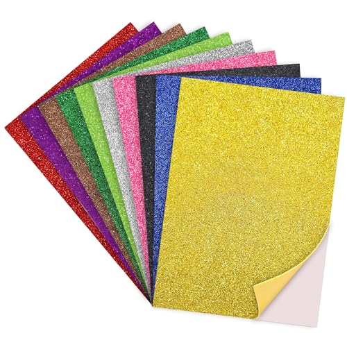 Image of Lakeer Self Adhesive Sticky A4 Size Glitter Sparkles Foam Sheet with Sticky Back Pack of 10 Sheets (10 Colours x 1 Pcs Each)