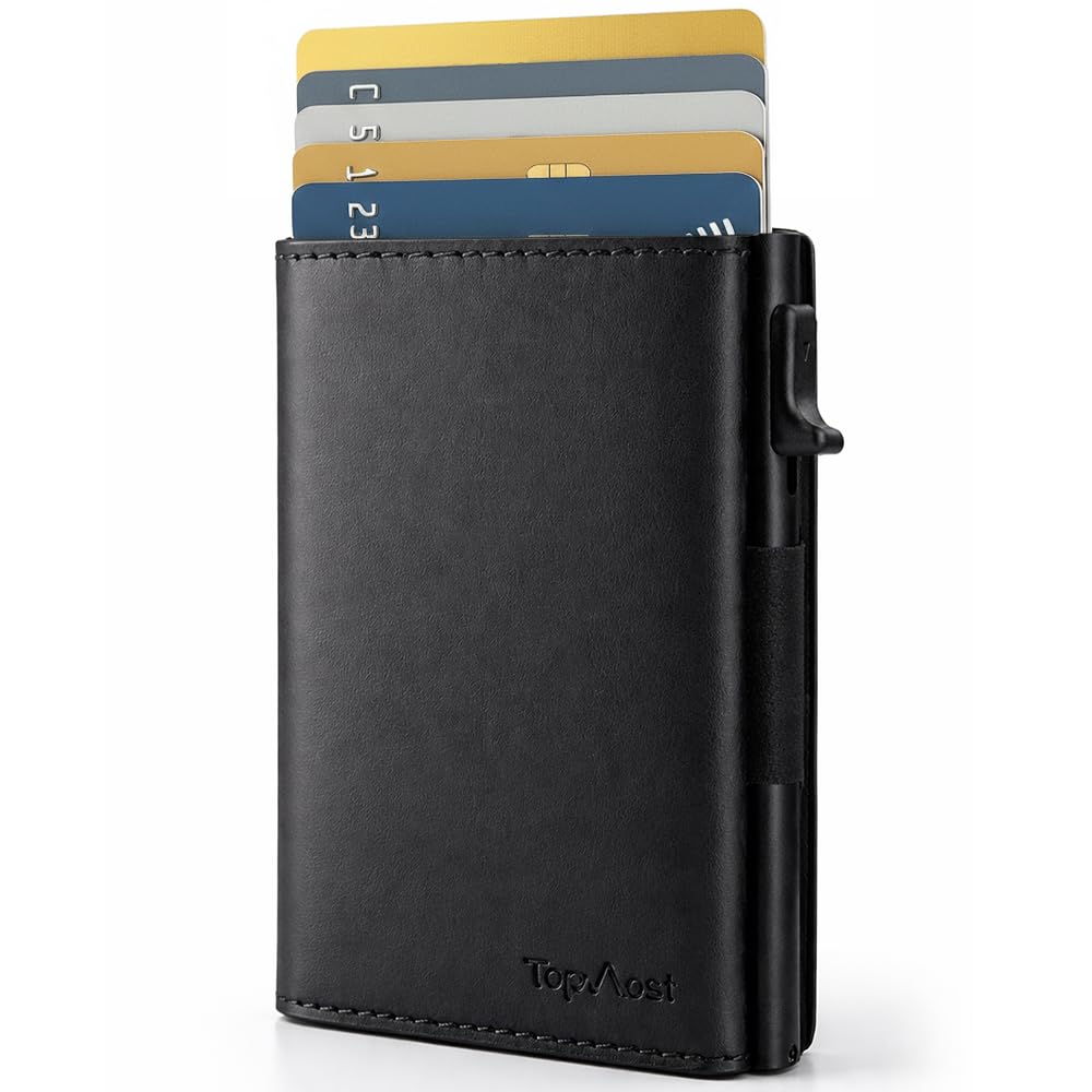TopMost Men's Genuine Leather Flip Wallet Credit Card Holder Ridge Blokowanie RFID Portfele dla mężczyzn z okienkiem identyfikacyjnym, wąskie, minimalistyczne, pojemność 5-9