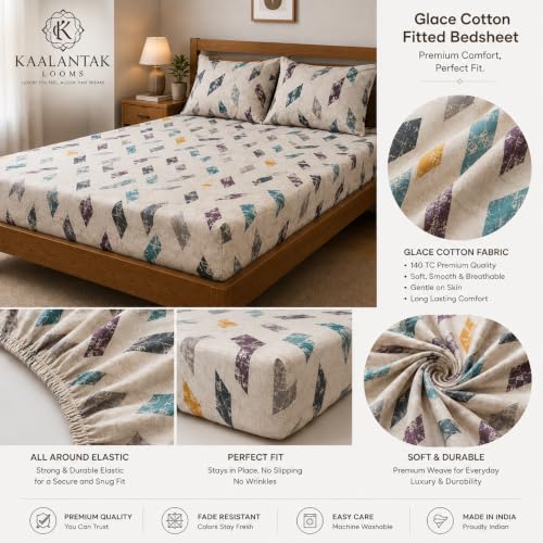 Image of Fitted Bedsheet White Multicolor Abstract Print Glace Cotton 210 TC | King Size for Double Bed Fits 6 x 6.5 ft Mattress (72 x 78 Inch) | All Around Elastic | 2 Pillow Covers | 10 Inch Deep Pocket