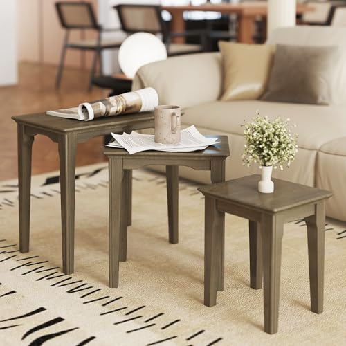 Side Tables Nesting Coffee Tables Set of 3 Wooden Small End Table for Living Room Bathroom Bedroom Low Tea, Brown