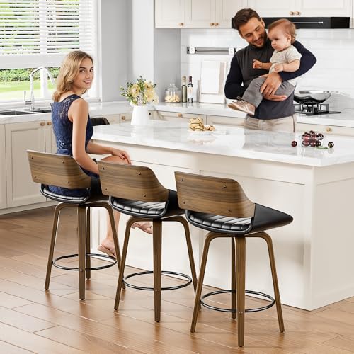 Image of YaFiti Bar Stools Set of 6, 26 inch Swivel Counter Height Barstools with Bentwood Back and Legs, Mid Century Modern Upholstered Faux Leather Counter Stools for Kitchen Island, Bar, Dining Room, Black