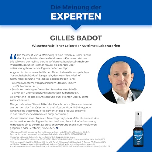 Anti-Stress Spray mit Sofort-Effekt - Gegen Innere Unruhe und Anspannung - Mit Mohnblume + Melisse für die Nerven, 20 ml - Pfirsichgeschmack - Nutrimea