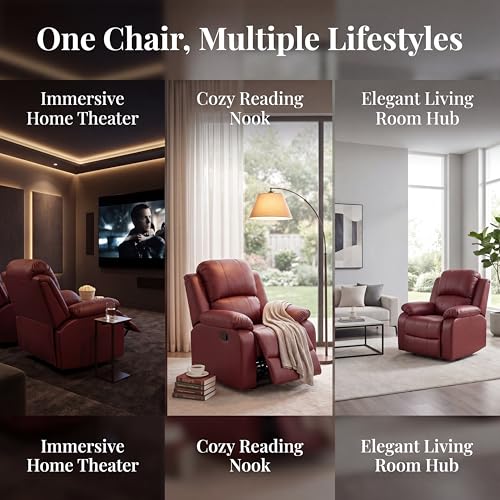 Image of Single Leather Manual Recliner Chair, Oversized Lazy Boy Recliner with Home Theater Seating, Breathable Living Room Reclining Chair for Adults Reading, Gaming, Relax, Red