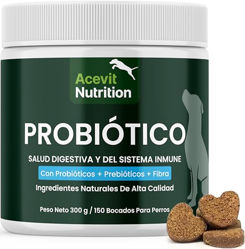 Probióticos Perros, 150 uds, 100% Natural con Prebióticos y Fibra, Flora Intestinal y Digestión, Combate Diarrea, Gases y Vómitos, Refuerzo Inmunológico, Previene Enfermedades, Fórmula Veterinaria