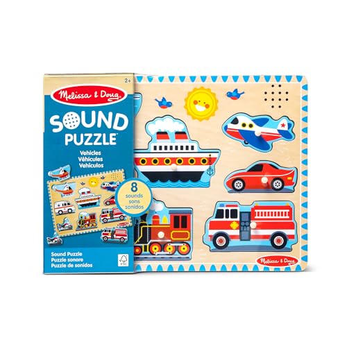 melissa amp doug vehicles sound puzzle  8-piece wooden peg puzzle with light-activated sounds music learning toy for toddlers and preschoolers ages 2