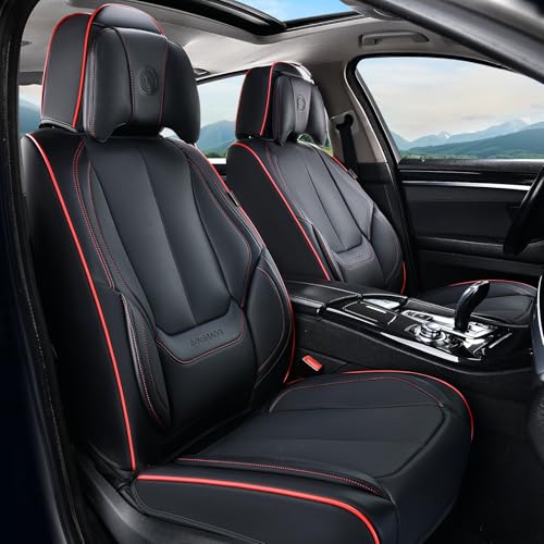 Image of Coverado Universal Seat Covers Front, 2-Pack Universal Seat Covers for Cars, Waterproof Nappa Leather Car Seat Covers with Head Pillow, Auto Protectors Fit for Most Sedans Pick-up Truck-Black&Redline