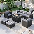 Aoxun Patio Furniture Set with Fire Pit Table, 6 Piece Outdoor Furniture Set with Wicker Ottomans, Rattan Outdoor Sectional Sofa with Thickened Cushion & Waterproof Cover Grey