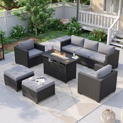 Aoxun Patio Furniture Set with Fire Pit Table, 6 Piece Outdoor Furniture Set with Wicker Ottomans, Rattan Outdoor Sectional Sofa with Thickened Cushion & Waterproof Cover Grey