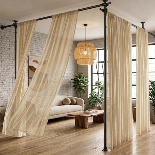 FoundGo Tringle Rideau sans Percage [L280 cm x H317 cm] Paravent Intérieur, Cloison Amovible sans Percage Extensible Séparation de Pièce, pour Salon et...