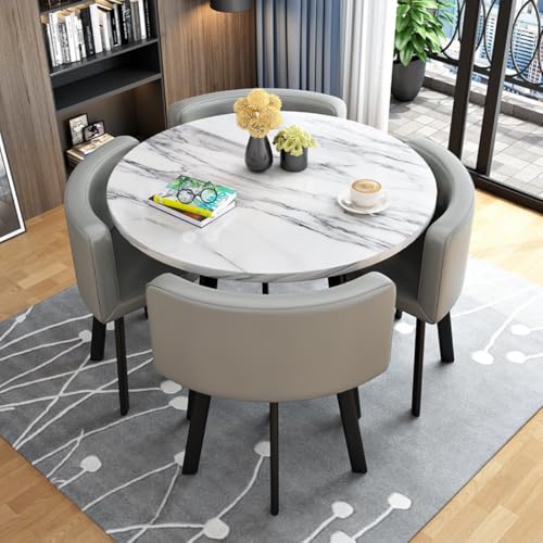 Image of Round Faux Marble Reception Table and Chairs Set, Dining Table Set for 4, Space Saving Reception Desk for Home and Apartment, Office, Conference Room, Lounge