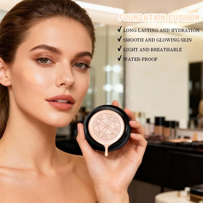 Hush Natural Foundation for Mature Skin, 2026 Mushroom Head Air Cushion CC Cream, Full Coverage Long-Lasting BB Cream for Older Women, Natural Radiant Glow for Light/Medium Warm Tone Skin - Image 3