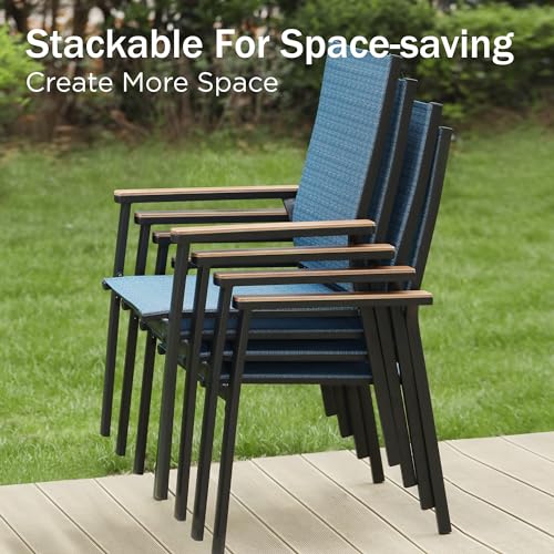 Image of PHI VILLA Outdoor Stackable Dining Chairs Set of 4 w /Aluminum Frame, Blue | Breathable & quick-drying Textilene, Space-saving, Light-weight, Weather-resistant, Patio lawn deck