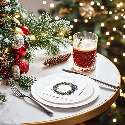 WRAPAHOLIC 50Pcs Berry Wreath Christmas Paper Napkins - 3-Ply Disposable Cocktail Napkin for Christmas Party Supplies Tableware, Xmas Holiday Party Decorative Towels - 5 x 5 In – Image 7