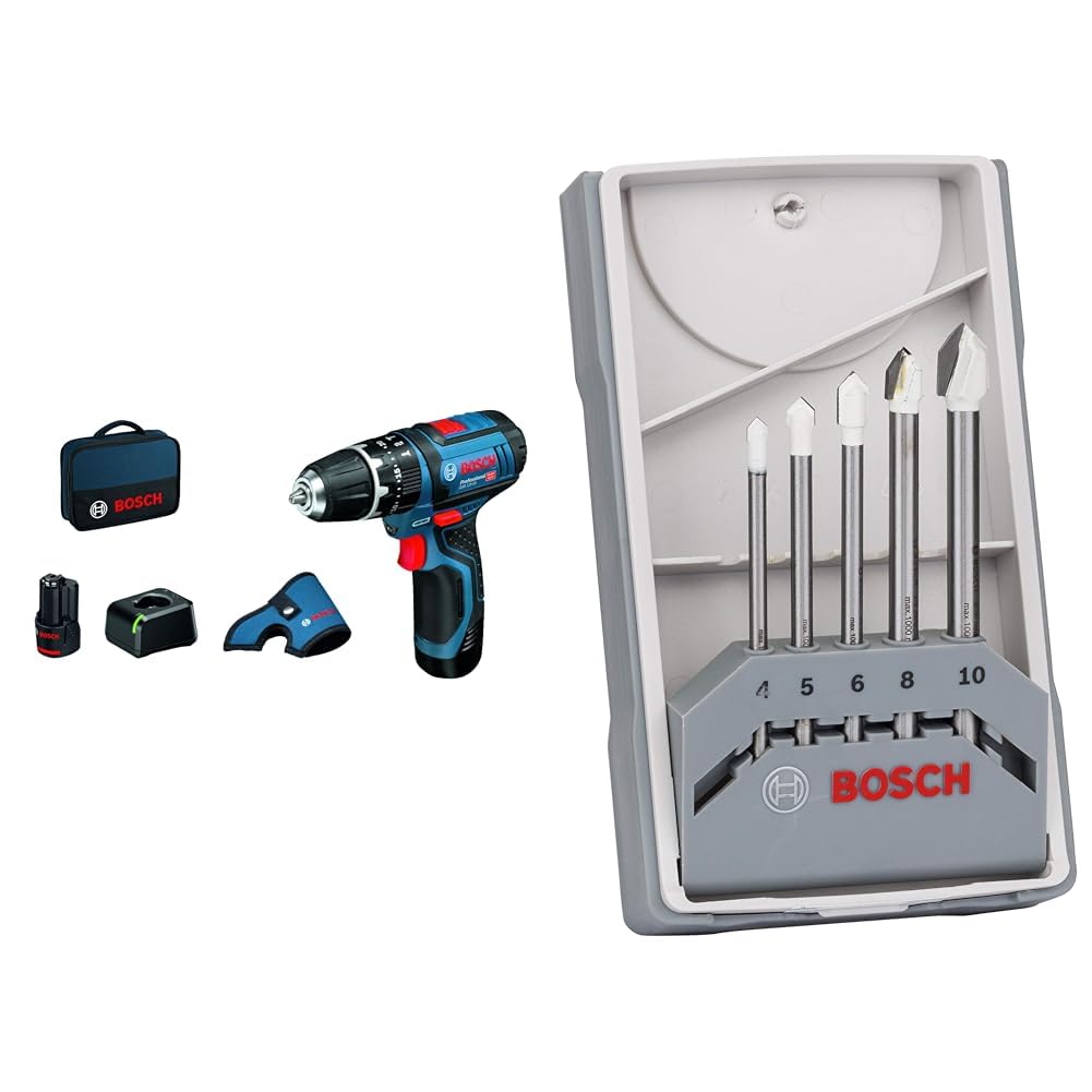 Bosch Professional GSB 12V-15 - Taladro percutor a batería (30 Nm, 1300 rpm, 2 baterías, L-BOXX) + 5 Brocas para Azulejos Set CYL-9 SoftCeramic (para baldosas cerámicas blandas, accesorio) Ø 4-10 mm