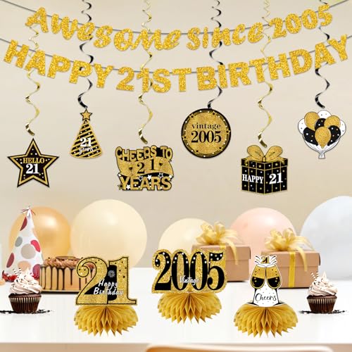 Image of Kuxriox 11Pcs 21st Birthday Decorations Kit for Men Women, Black Gold Happy 21st Birthday Banner, Awesome Since 2005 Centerpieces Swirls Party Supplies, 21 Bday Banner Ceiling Table Topper Sign