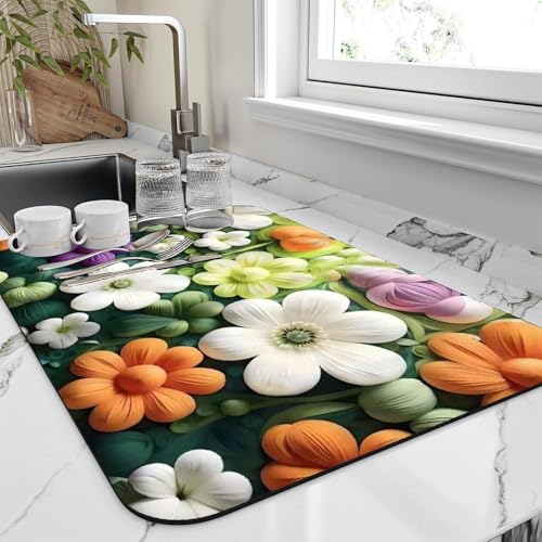 Image of Dish Drying mat for Kitchen Water Absorbent mats for Kitchen Utensils Large Dry mat for Kitchen Utensils Drying mat Water Absorbent mats for Kitchen Large Size 58x38cm (Design 13)