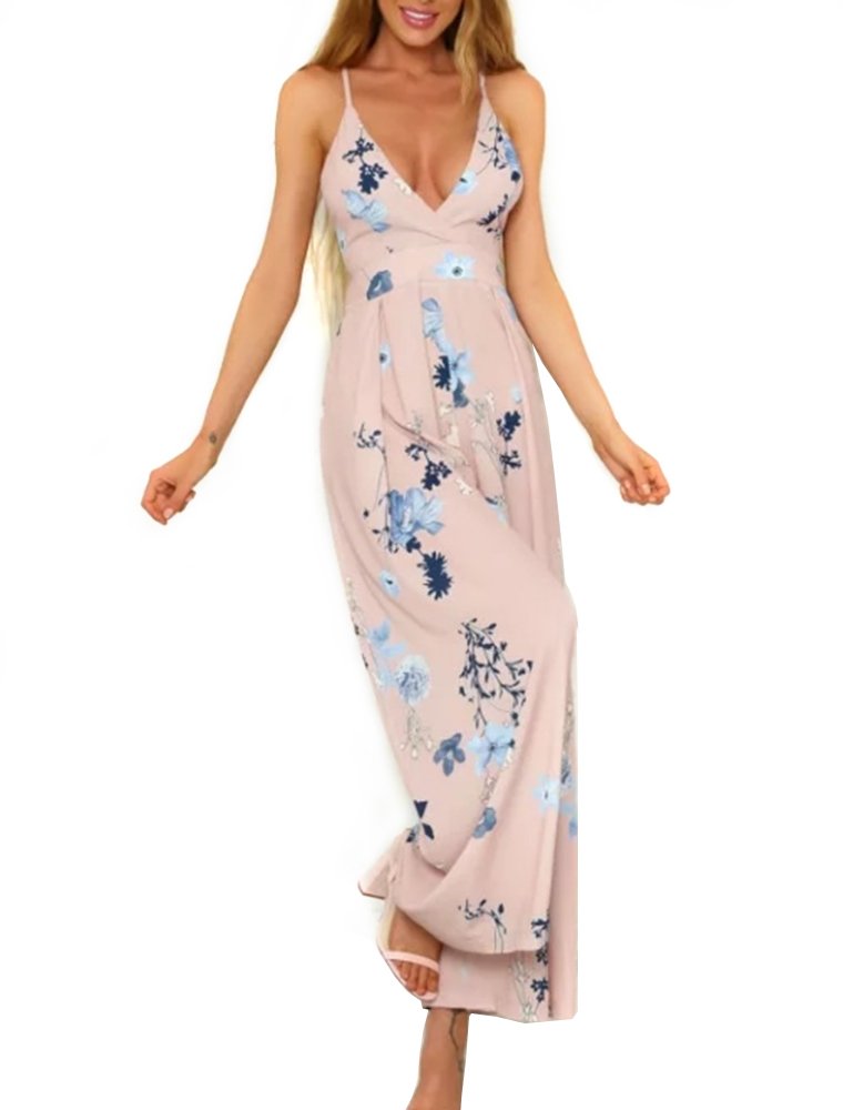 Women's Floral Print Jumpsuits Spaghetti Strap V Neck Wide Leg Party Romper Pants